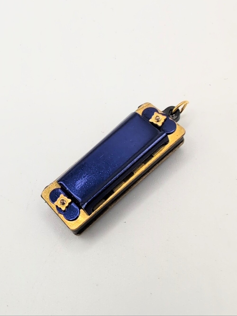 Mini Working Harmonica Pendant Blue and Brass Retro Novelty 1.5" Long GUC